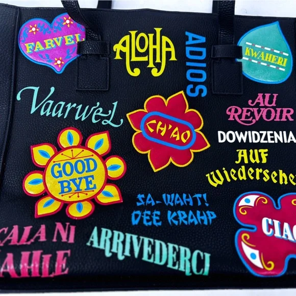 Danielle Nicole Disney It’s a Small World Black Tote with Colorful Patches - Picture 5 of 11